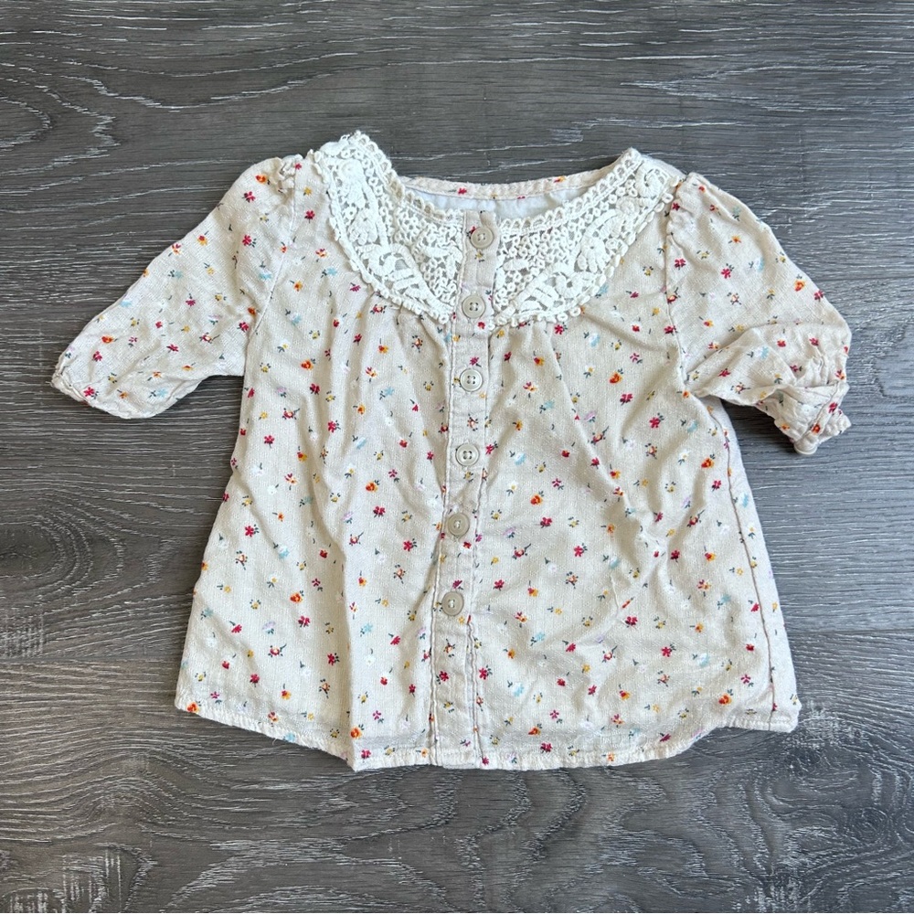 Genuine Kids OshKosh Girl Cream Floral Button-Front Top W/Lace Collar Size 12M
